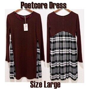 NWT THML Dress L Plum Black White Plaid and Ribbed Knit A-Line Poetcore Preppy
